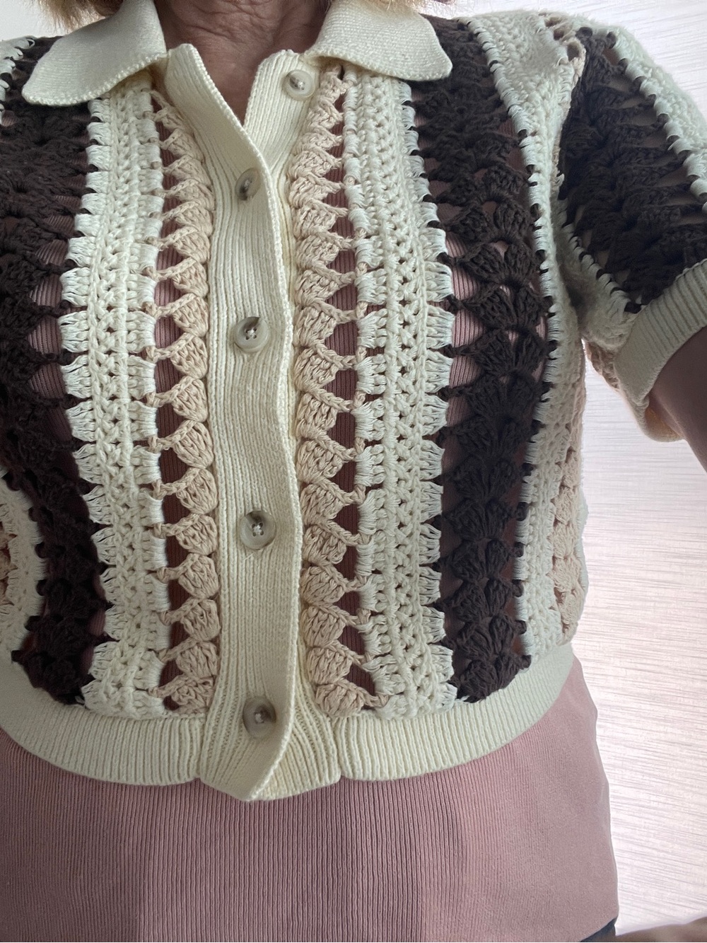Reiss Cream and Brown Crochet-Panel Short Sleeve Cardigan medium - Picture 7 of 7